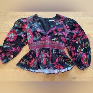 Avara Taylor Top, a long-sleeve black blouse, multicolored floral print, S EUC